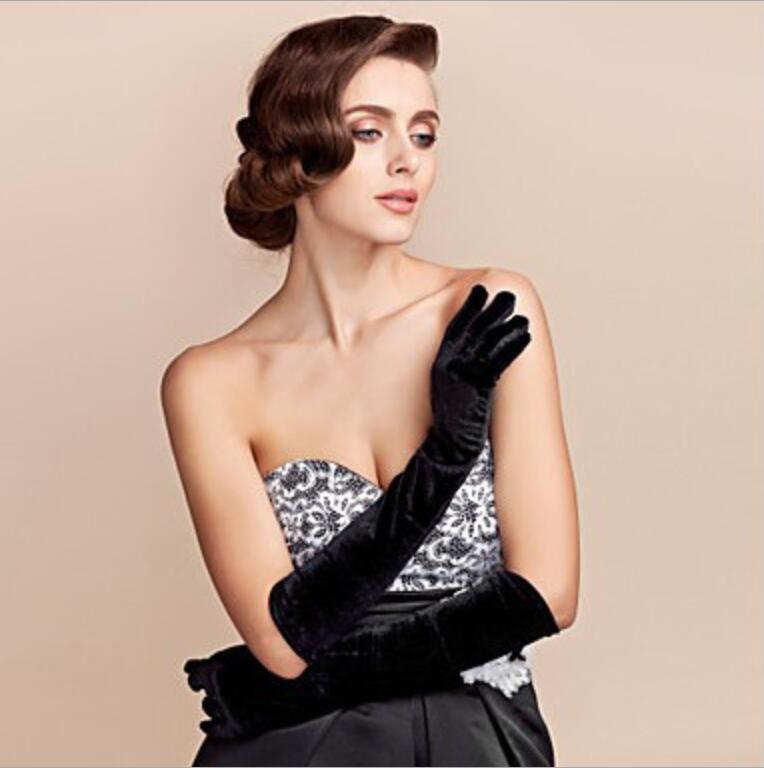 2022 Black Velvet Full Fingers Gloves girls women Evening Dress